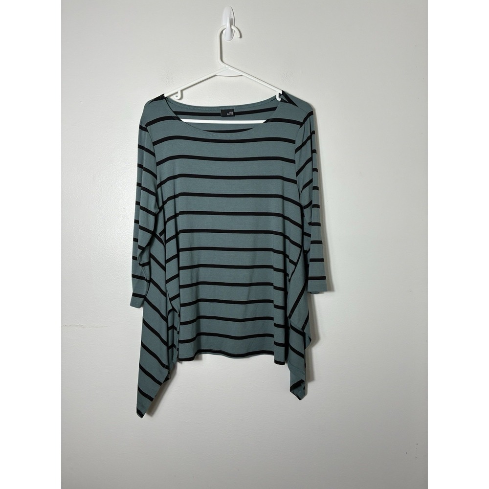 Lisa Bayne Striped Asymmetrical Hem Long Sleeve Top Sz M Green Lagenlook Art